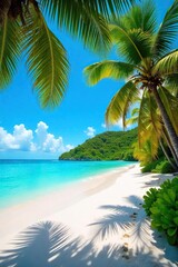 Fototapeta premium Idyllic tropical beach scene with white sand, turquoise water, swaying palm trees, and vibrant foliage under a bright sunny sky Perfect for travel, vacation, and summer themes , palm trees, summer