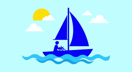 Minimalist Flat Design Vector Man Sailing on Calm Blue Ocean