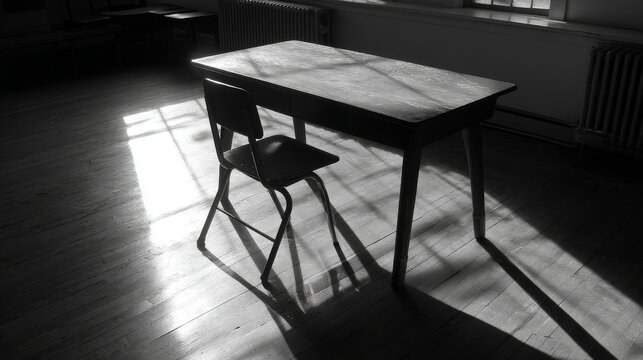 Wooden school desk with stack of books, red apple, and colorful stationery supplies in classroom with chalkboard background for education, learning, and back to school concept
