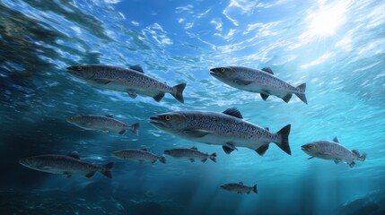 Naklejka premium Underwater scene featuring a school of fish swimming together.