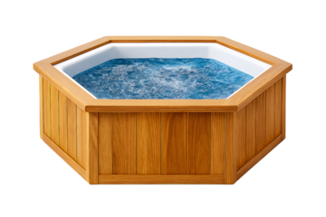 Hexagonal Wooden Hot Tub Filled with Bubbling Blue Water on White Background jacuzzi isolated on a transparent background