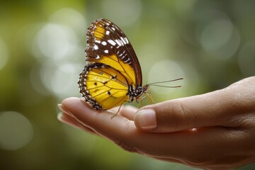 Obraz premium A yellow butterfly sits on a human hand against a blurred green background