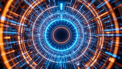 Abstract concentric circles with blue and orange glowing lines and a central black void space