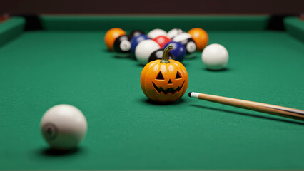 Halloween pumpkin in the form of a billiard ball on a table with a cue at the moment of impact. A fun pool game for Halloween