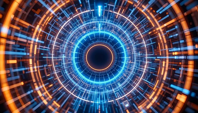 Abstract concentric circles with blue and orange glowing lines and a central black void space