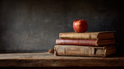 Still life of stacked school books with red apple and colorful stationery on wooden desk against chalkboard background, education and back to school concept