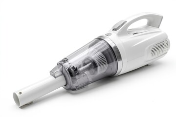 A white handheld vacuum cleaner with a clear dust container angled to the right on a white background