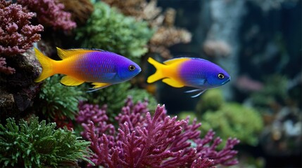 Fototapeta premium Colorful fish swimming among vibrant coral in an underwater scene.