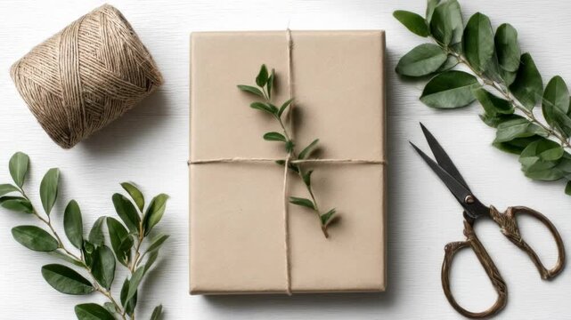 A beige, rectangular gift is tied with twine and adorned with a sprig of green leaves. A spool of twine, scissors and more leaves are laid around
