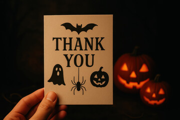 Thank you card with Halloween theme featuring bat, ghost, spider, and pumpkin, held by hand over dark spooky background with glowing jack o lanterns, festive and playful mood