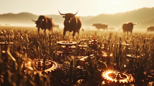 Steampunk field with oxen and gears