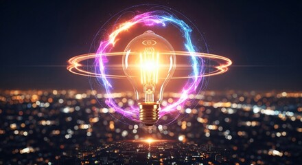 Illuminated lightbulb with glowing energy over city skyline at night