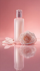 Elegant skincare bottle with delicate rose petals and bloom, evoking luxury and natural beauty for premium brands