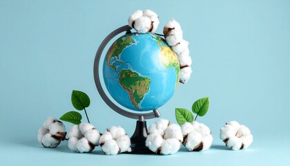 Globe with cotton plants, symbol of sustainable agriculture and global textile industry