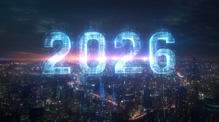 Futuristic glowing holographic 2026 numbers above a vibrant city skyline