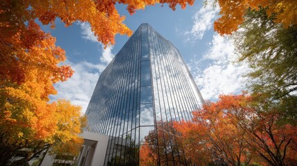 Glass building rises toward blue sky, fall leaves frame structure. Use for finance, architecture, or seasonal change themes in design.