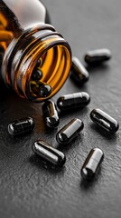 Shilajit capsules spilling from amber glass bottle on black surface  