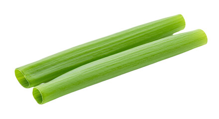 Two fresh green scallions isolated on white.