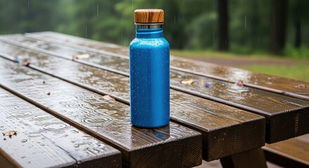 Blue Reusable Water Bottle on a Wet Picnic Table in the Rain