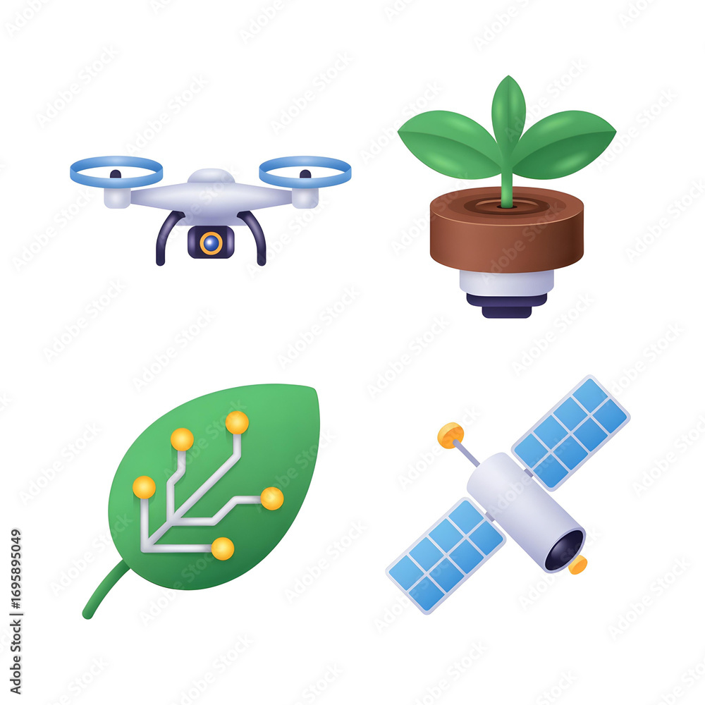 Poster a set of 4 different 3d icons for smart farming a drone, a soil sensor, a leaf with a circuit patter