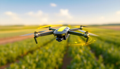 A realistic 3D render of an agricultural drone flying over a field, with a holographic overlay showing crop health data yellow.