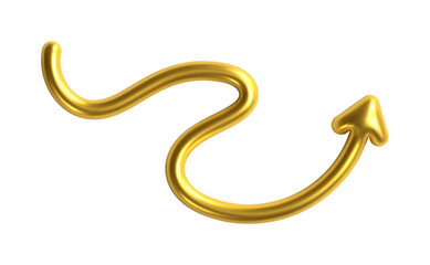 3d golden doodle up arrow in shape wave. Y2k wave, chrome squiggle, swirl arrow. Gold metal line point. Y2k design element. Bubble arrow shape. Vector 3d illustration