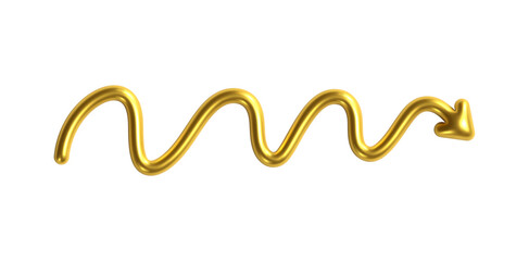 3d golden doodle arrow in shape wave. Y2k wave, chrome squiggle, swirl arrow. Gold metal line point. Y2k design element. Bubble arrow shape. Vector 3d illustration