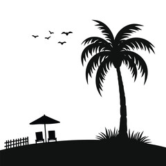 Naklejka premium Single palm tree silhouette on a small island with lounge chairs