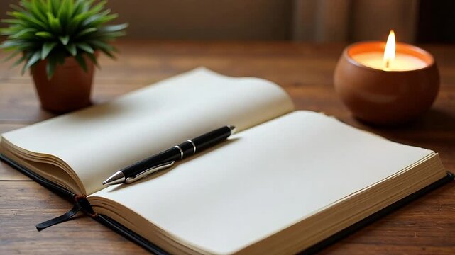 Open journal with pen and lit candle on wooden desk, inviting reflection and creativity