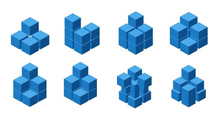 Obraz premium Abstract 3D Blue Cubes in Various Arrangements, Business and Technology Concept