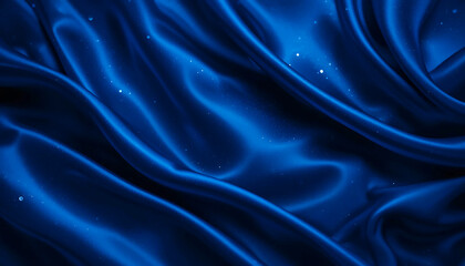 Elegant close-up of luxurious dark blue satin fabric with smooth folds and flowing waves