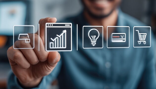 Person touches a growth chart icon on a digital interface