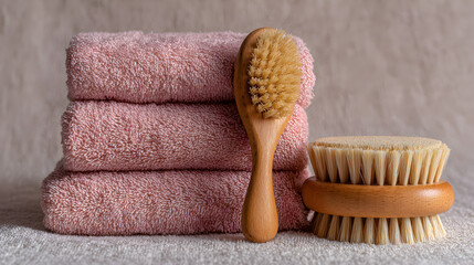 Pamper yourself with a stack of plush pink towels and natural bristle brushes for ultimate self-care and relaxation.