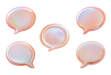 Holographic bubble speech set. Collection of 3d elements on transparent background, pastel pink beige colors