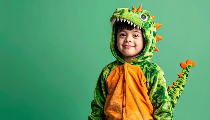 A young child with Down syndrome, smiling and wearing a vibrant green dinosaur costume, against a solid green background.