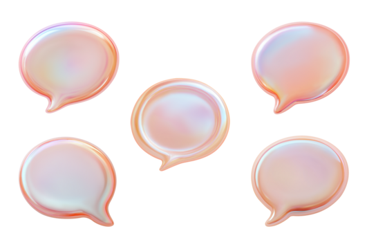Holographic bubble speech set. Collection of 3d elements on transparent background, pastel pink beige colors - Powered by Adobe