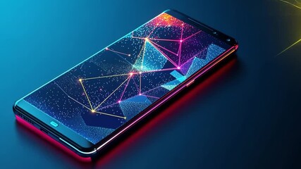 A modern smartphone with a vibrant, colorful geometric design on the screen. The device is illuminated with bright lights against a dark background. - Powered by Adobe