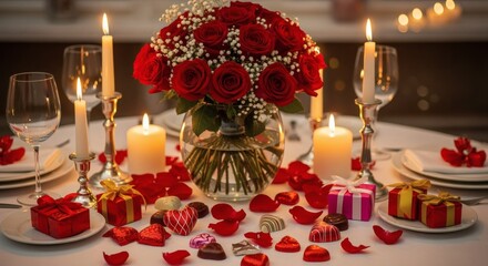 A romantic Valentines Day table is decorated with heart-shaped chocolates, roses in a vase, glowing candles, and wrapped presents.