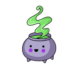 Cauldron with magic potion. Cartoon comic character. Witchcraft element. Vector isolated illustration.