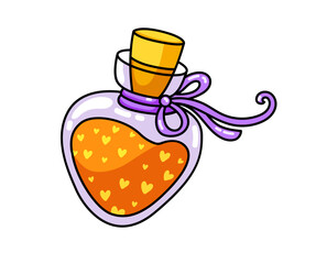 Magic love potion. Heart bottle. Cartoon witchcraft element. Vector isolated illustration.