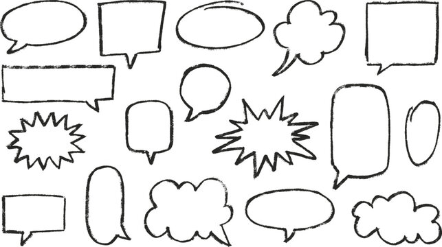 Speech bubble black chalk outline blanks vector set, dialogue cloud shapes, cartoon crayon communication frame, text box