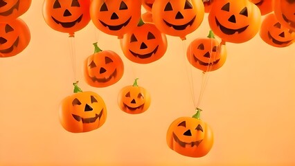 Cute Cartoon Balloon Jack o’ Lantern Floating in Pastel Sky with Copy Space