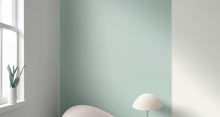 Minimalist Interior with Green Wall, Window Light, and Modern Lamp