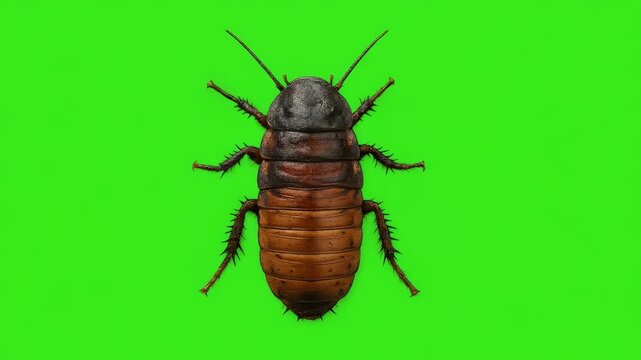 A brown pill bug (woodlouse) with a segmented shell on a bright green background.