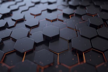 Obraz premium Abstract dark hexagonal geometric pattern with subtle orange glowing edges and a textured surface creating a futuristic technological backdrop