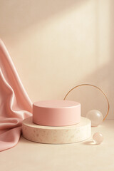 Soft Pink Isometric Luxury Display with Rose Quartz Podium and Gold Accents