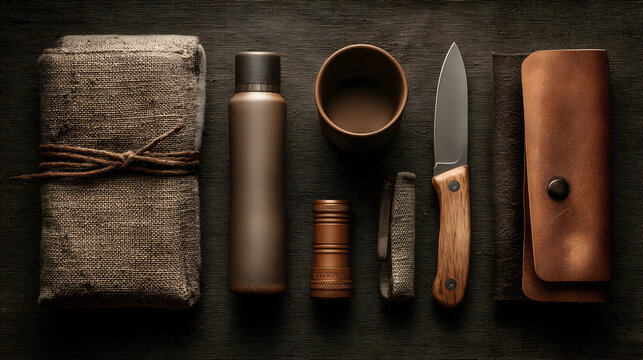 Essential rugged outdoor gear laid out artistically a survival knife water bottle and leather pouch for adventure preparedness