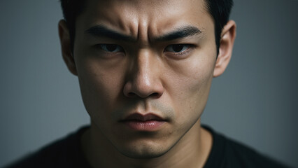 Intense Focus: A man of Asian descent, his face a canvas of concentration, his intense gaze piercing through the observer. The photograph captures the nuances of deep thought.