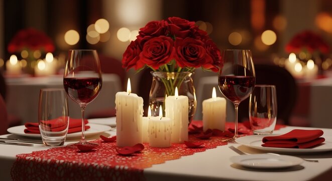 An elegant Valentine’s dining scene has wine glasses, red table décor, softly glowing candles, and roses arranged nearby.