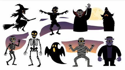 Halloween Monsters Silhouettes | Witch, Vampire, Zombie, Ghost, Werewolf, Skeleton, Mummy, Frankenstein Vector Set